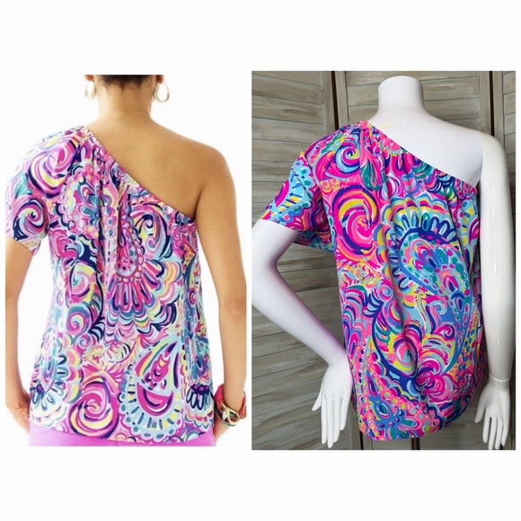 Lilly Pulitzer Fifer Silk One Shoulder Top Size Large Psychedelic Sunshine multi - Picture 2 of 10